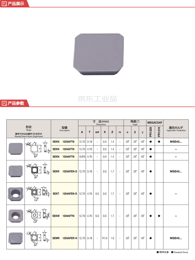 京瓷 正方形20°后角铣刀用刀片sekn;sekn1203aftnpr1210